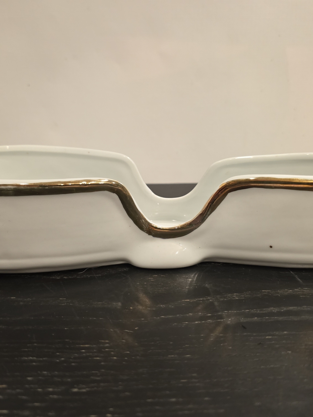 White Ceramic Double Serving Dish with Gold Rim